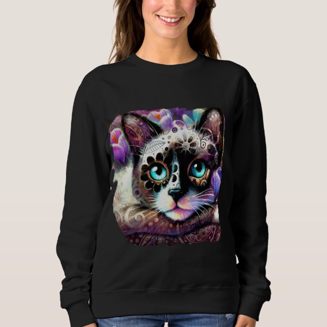 Siamese Kattunge Crocus Blommigt Lila Teal White T Shirt (Framsida)