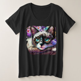 Siamese Kattunge Crocus Blommigt Lila Teal White T Shirt