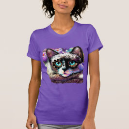 Siamese Kattunge Crocus Blommigt Lila Teal White T Shirt