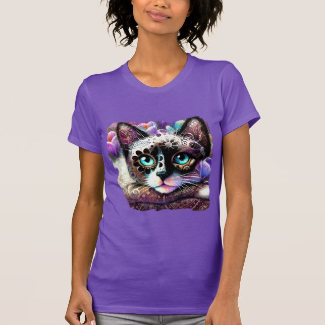 Siamese Kattunge Crocus Blommigt Lila Teal White T Shirt (Framsida)
