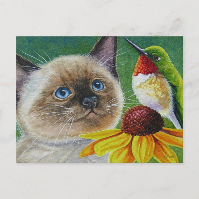 Siamese Kitten & Hummingbird Watercolor Art Vykort (Framsida)