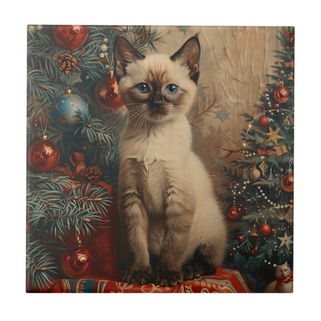 Siamese Kitten Jul Vintage Cat Kakelplatta (Framsidan)