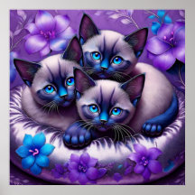 Siamese Kittens Lila blommor Silver Pillow
