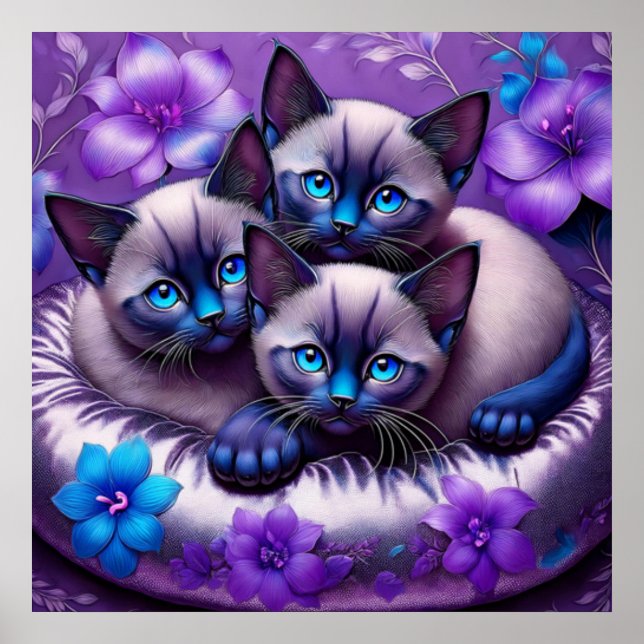 Siamese Kittens Lila blommor Silver Pillow Poster (Framsidan)