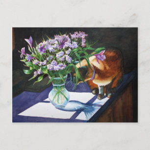 Siamesisk katt attackerar vas med blommor vykort