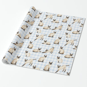 Siamesisk katt Blå Gingham Vattenfärg Presentpappe Presentpapper