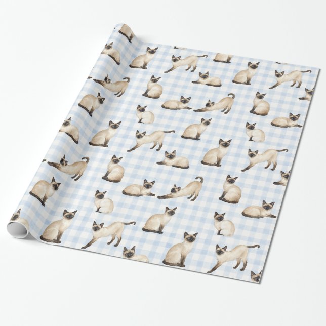 Siamesisk katt Blå Gingham Vattenfärg Presentpappe Presentpapper (Utrullad)
