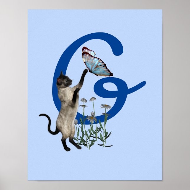 Siamesisk Katt Fjäril Blommor Monogram Initial G Poster (Framsidan)