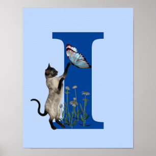Siamesisk Katt Fjäril Blommor Monogram Initial I Poster