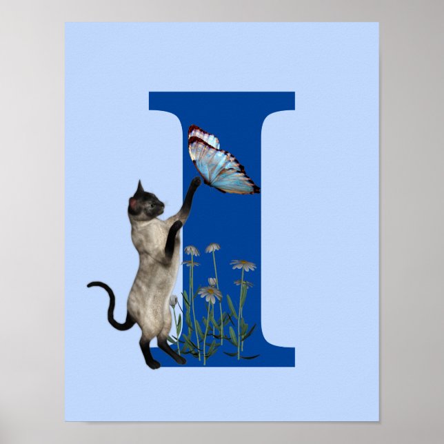 Siamesisk Katt Fjäril Blommor Monogram Initial I Poster (Framsidan)