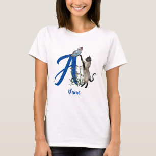 Siamesisk katt Fjäril Monogram Initial A Namn T Shirt