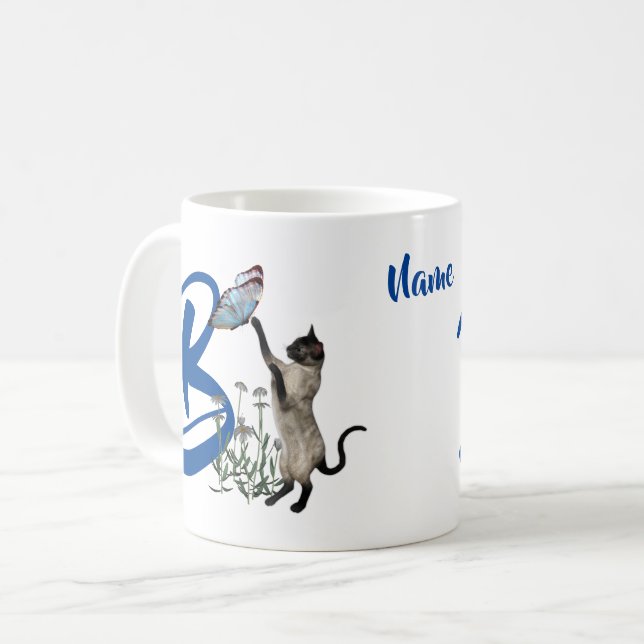 Siamesisk katt Fjäril Monogram Initial B Namn Kaffemugg (Framsida vänster)