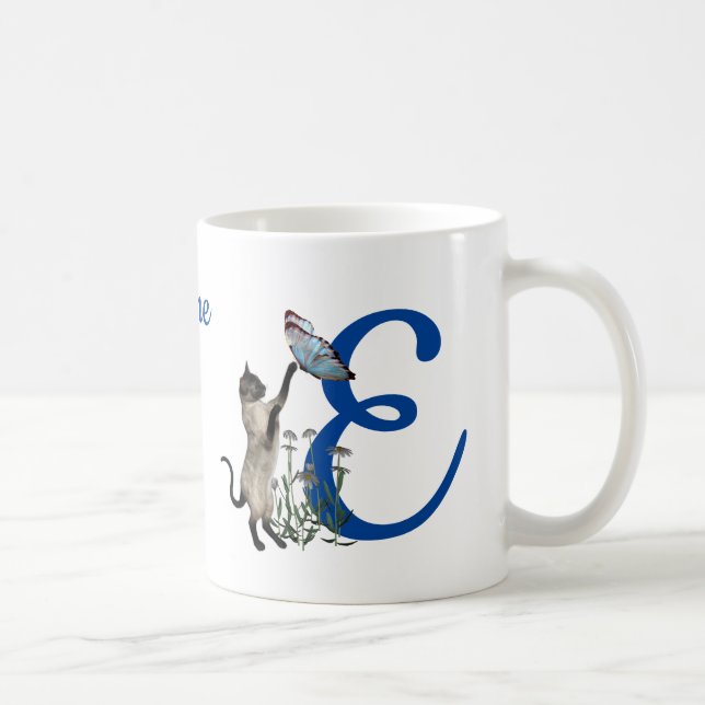 Siamesisk katt Fjäril Monogram Initial E Namn Kaffemugg (Höger)