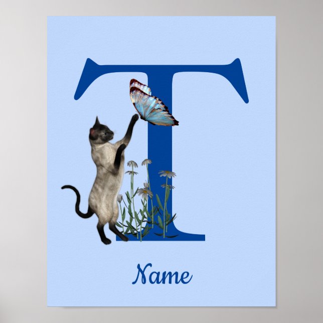 Siamesisk katt fjäril monogram initial T namn Poster (Framsidan)