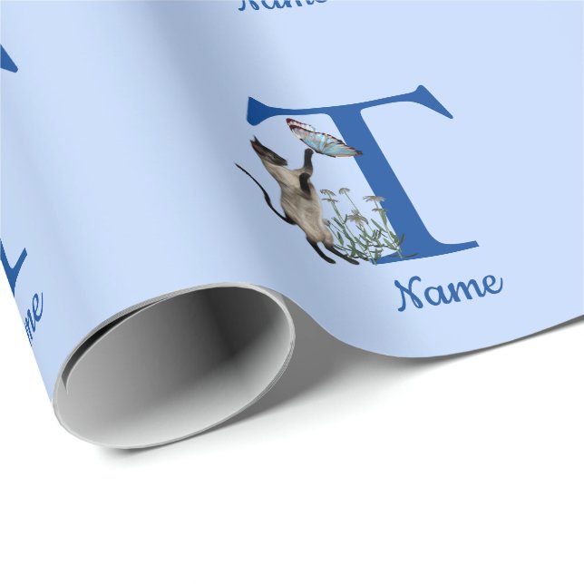 Siamesisk katt fjäril monogram initial T namn Presentpapper (Rullad Hörn)