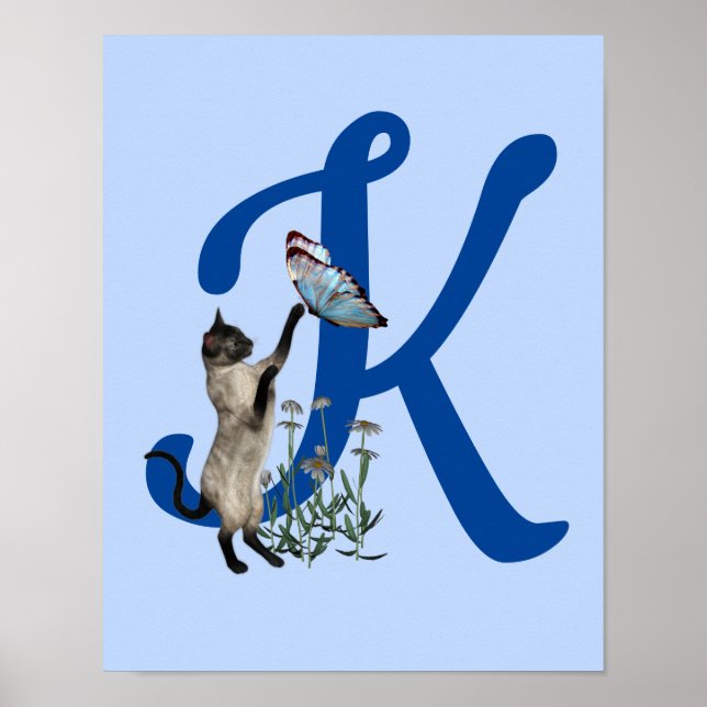 Siamesisk katt Fjäril Prästkragar Monogram Initial Poster (Framsidan)