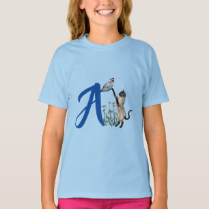 Siamesisk katt Fjäril Söt Monogram Initial A T Shirt