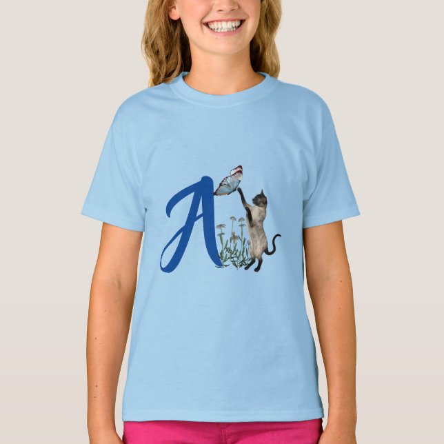 Siamesisk katt Fjäril Söt Monogram Initial A  T Shirt (Framsida)
