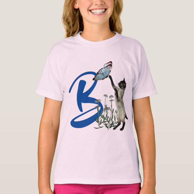 Siamesisk katt Fjäril Söt Monogram Initial B  T Shirt (Framsida)