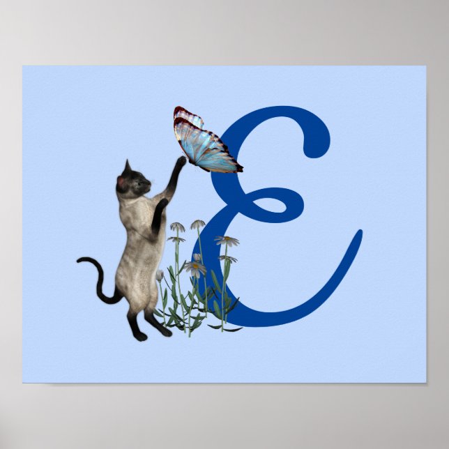 Siamesisk katt Fjäril Söt Monogram Initial E Poster (Framsidan)
