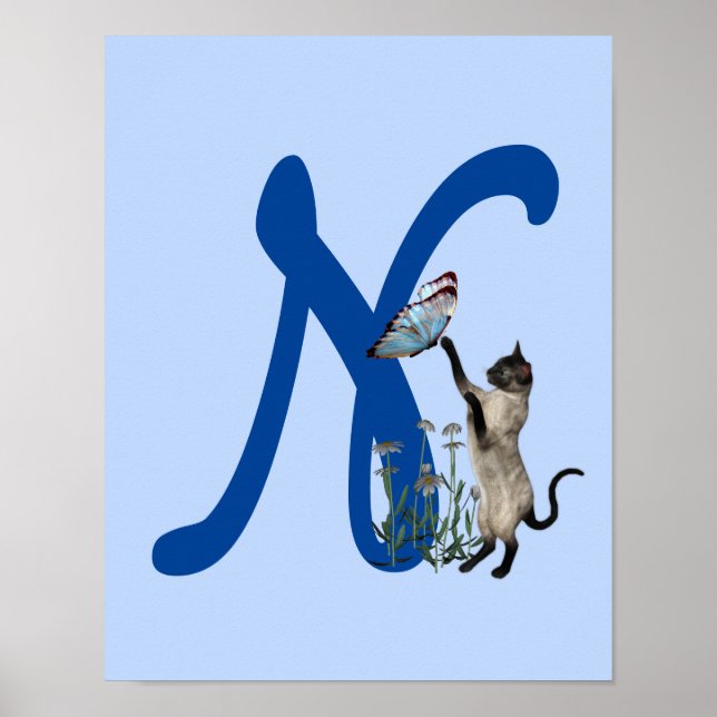 Siamesisk katt Fjäril Söt Monogram Initial N Poster (Framsidan)