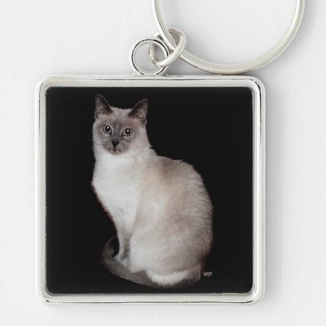 Siamesisk katt fyrkantig silverfärgad nyckelring (Framsidan)