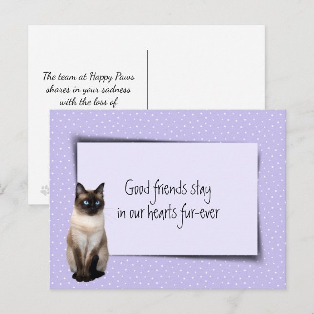 Siamesisk katt husdjur förlust från veterinär vykort (Fram/baksida)