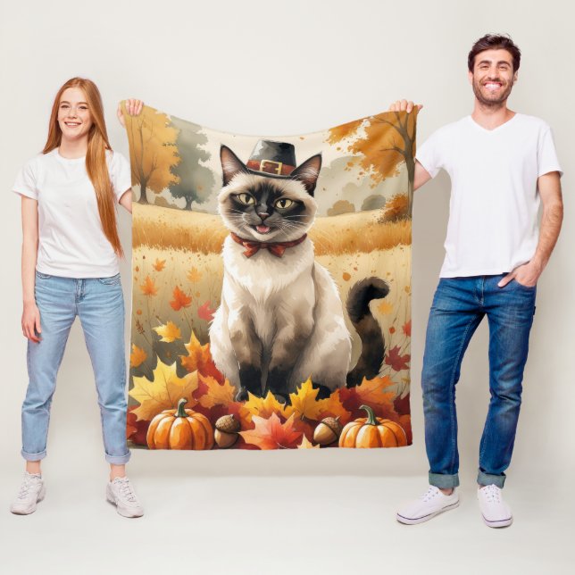 Siamesisk katt i höstlöv tackgivande konst fleecefilt (På plats)