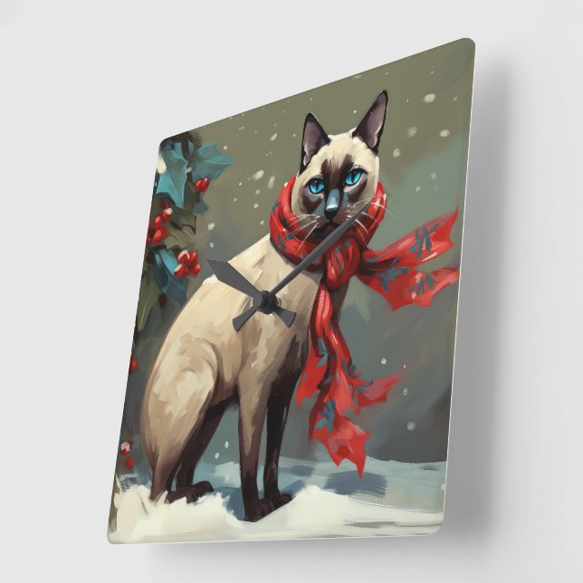Siamesisk katt i snö jul fyrkantig klocka (Vinkel)