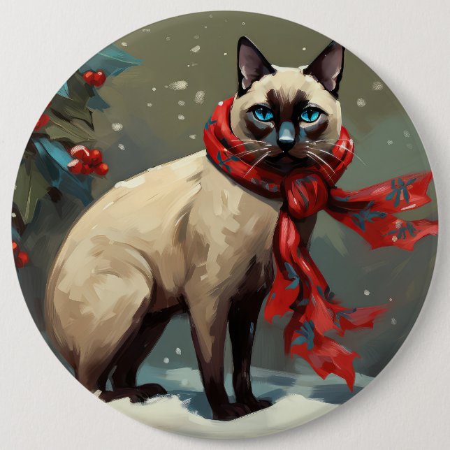 Siamesisk katt i snö jul knapp (Framsida)