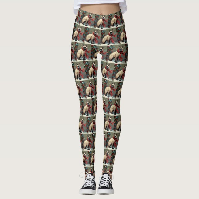 Siamesisk katt i snö jul leggings (Framsida)