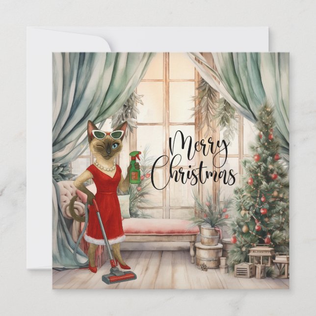 Siamesisk katt julstädning i huset  julkort (Framsida)