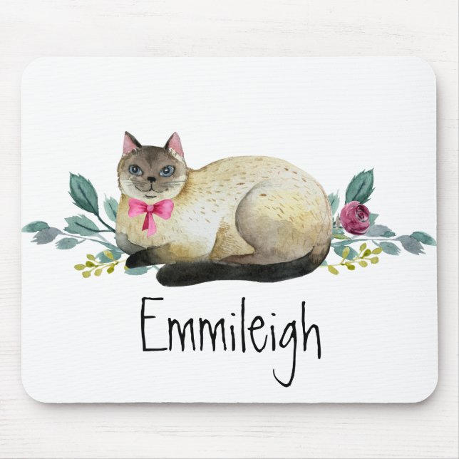 Siamesisk katt Lila blommor Gröna blad Vita Musmatta (Framsidan)