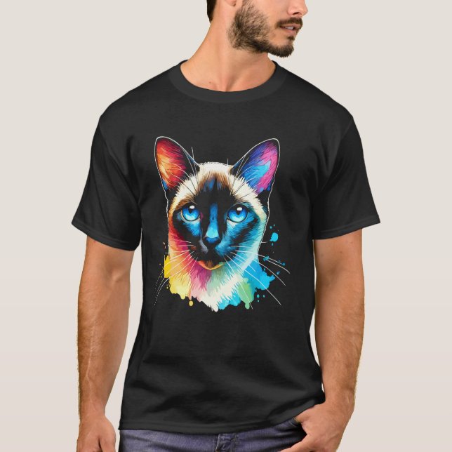 Siamesisk katt livlig stänk färgrik t shirt (Framsida)