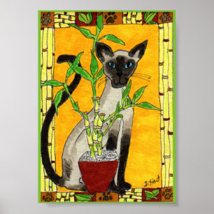 Siamesisk katt med Bamboo Plant Mini Folk Art Poster