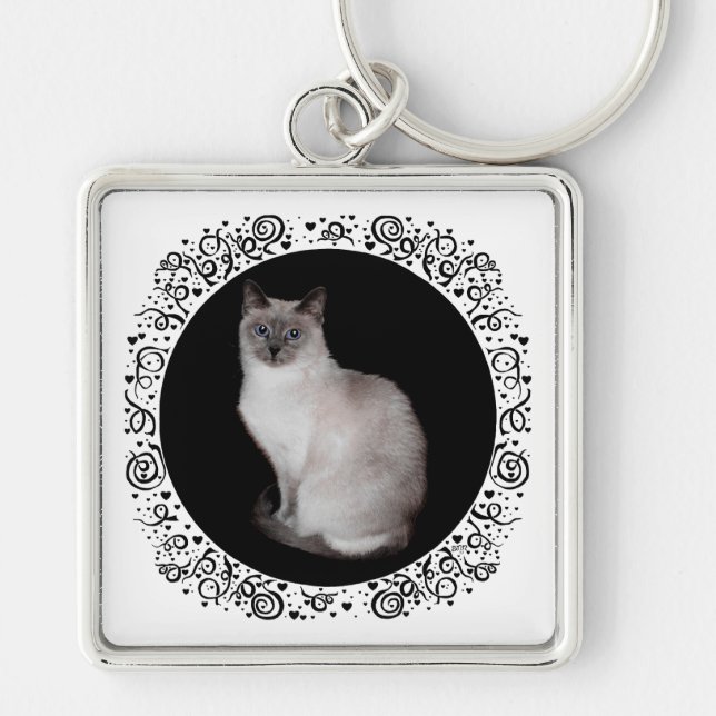 Siamesisk katt med blå ögon fyrkantig silverfärgad nyckelring (Framsidan)