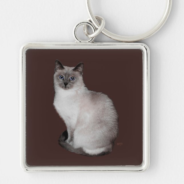 Siamesisk katt med blå ögon fyrkantig silverfärgad nyckelring (Framsidan)