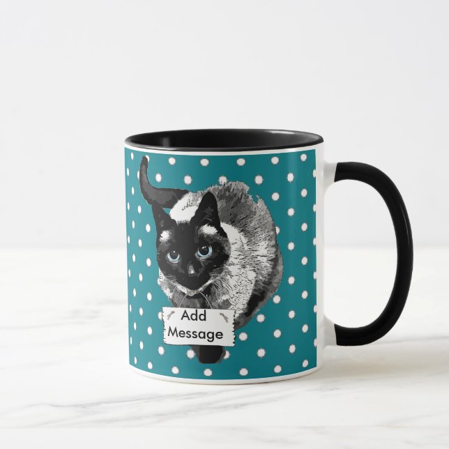 Siamesisk katt med blåa ögon håller tomt meddeland mugg (Höger)