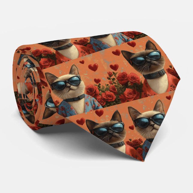 Siamesisk katt med hjärtrusor Alla hjärtans dag Slips (Rullad)