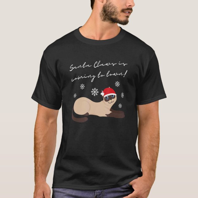 Siamesisk katt med julhatt katt t shirt (Framsida)