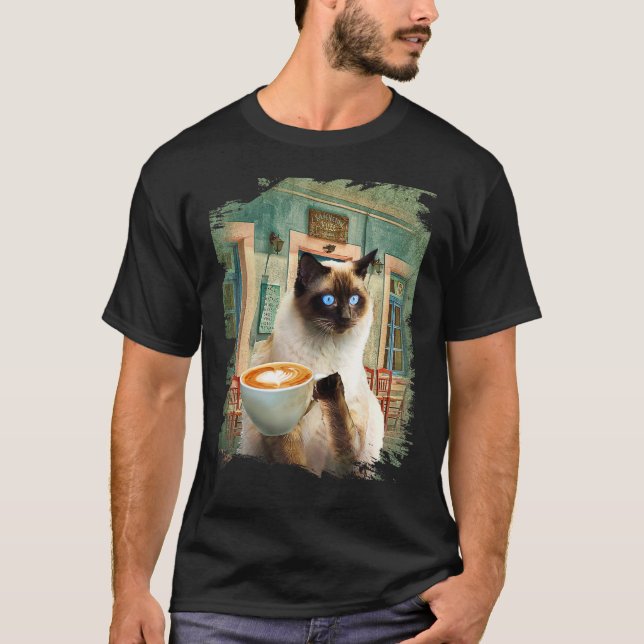 Siamesisk katt med kaffe t shirt (Framsida)