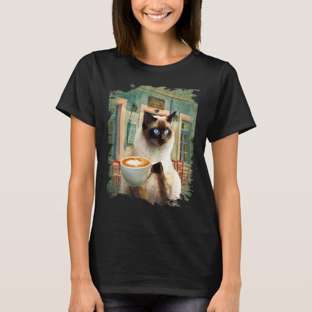 Siamesisk katt med kaffe t shirt (Framsida)