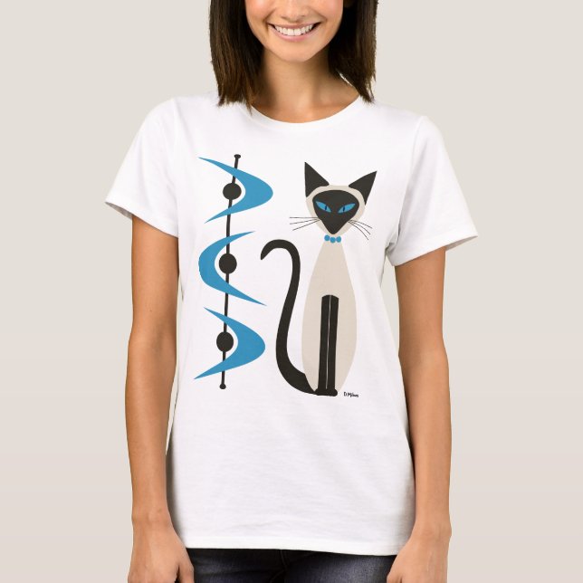 Siamesisk katt med Mid Century Blue Boomerangs T Shirt (Framsida)
