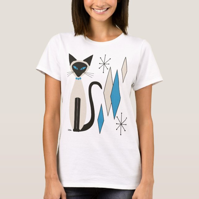 Siamesisk katt med Mid Century Blue Diamonds T Shirt (Framsida)