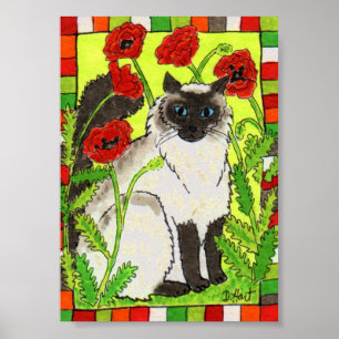 Siamesisk katt med orientalisk poppies Folk Art Poster