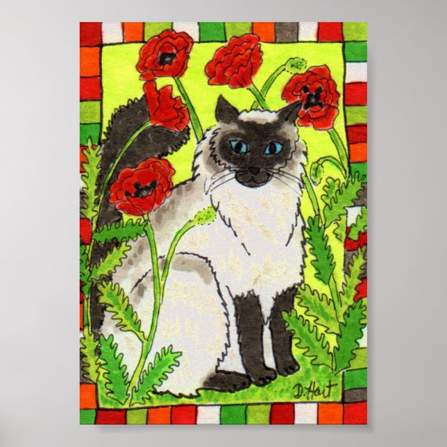 Siamesisk katt med orientalisk poppies Folk Art Poster (Framsidan)