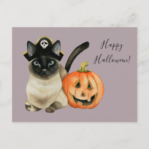 Siamesisk katt med Pirat Hat Happy halloween Vykort