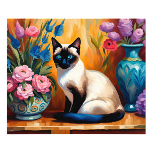 Siamesisk katt och Bouquets i Vas Fototryck