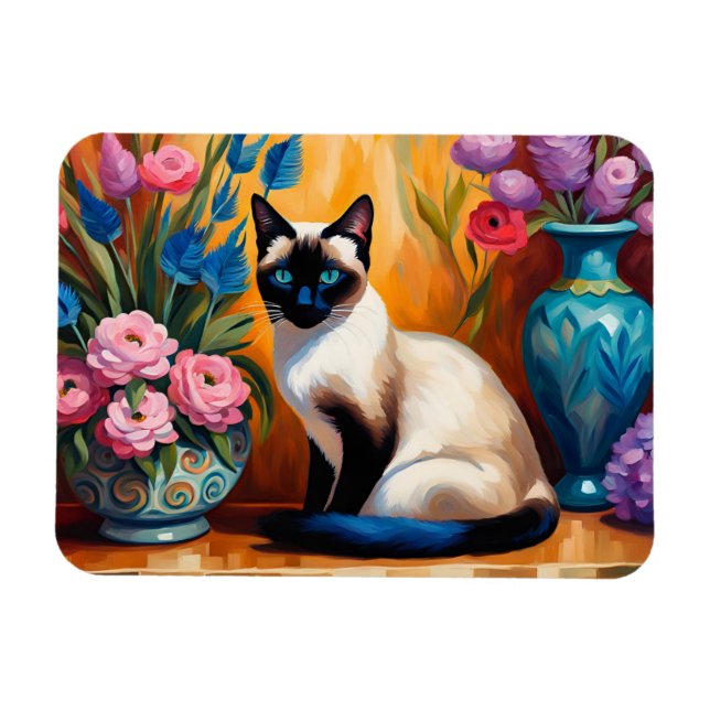 Siamesisk katt och Bouquets i Vas Magnet (Horisontell)