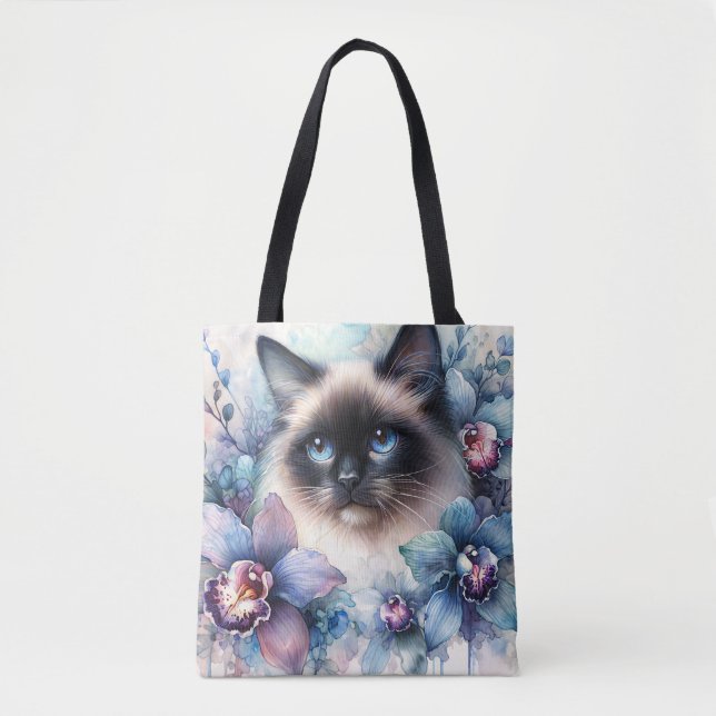 Siamesisk katt och orkidéblommor Akvarell Tygkasse (Framsida)